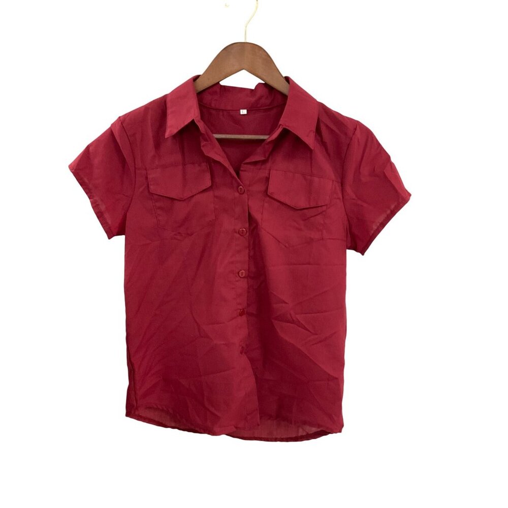 Womens Red Short-Sleeve Button-Up Shirt W/ Front Pockets  Large  100% Polyester
